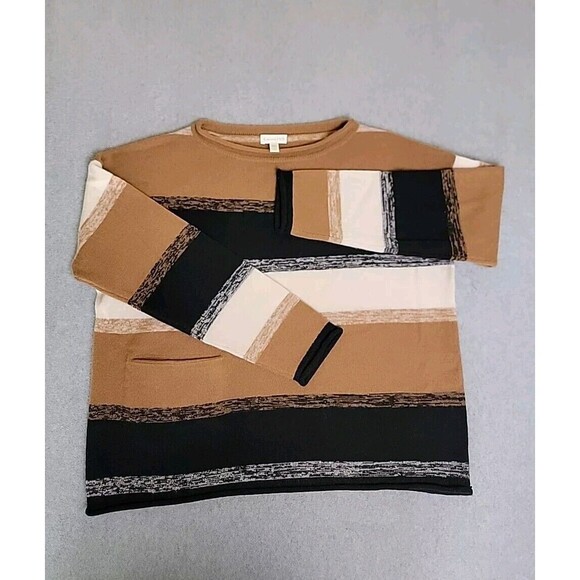 Garnet Hill Sweaters - Garnet Hill Cashmere Sweater Womens S Brown Black Stripe Knit Soft Pocket Dressy